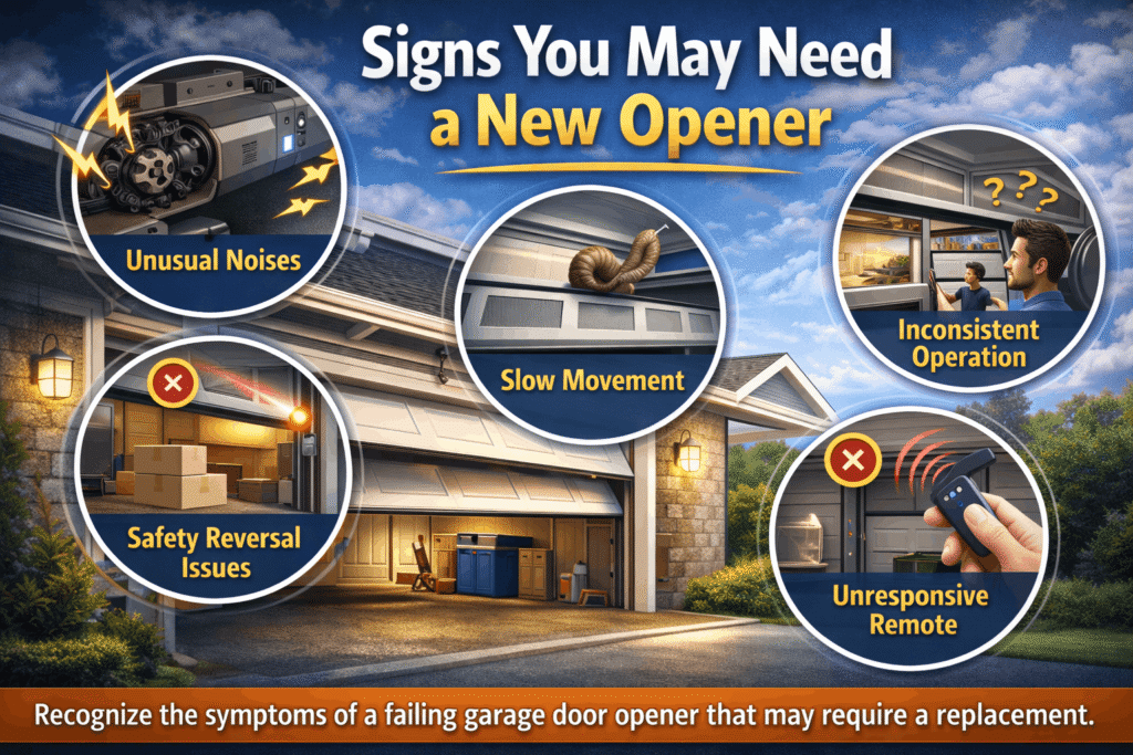 Infographic showing signs you may need a new garage door opener, including unusual noises, slow movement, inconsistent operation, safety reversal issues, and unresponsive remote, explaining how does a garage door opener work.