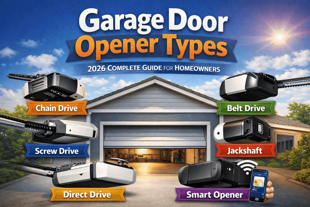 Professional infographic showing different garage door opener types including chain drive, belt drive, screw drive, direct drive, jackshaft, and smart opener in a modern residential garage 2026 guide