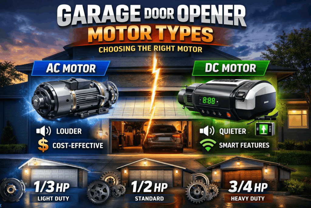 Garage door opener motor types comparison showing AC vs DC motors, horsepower categories, noise levels, and features in a professional infographic