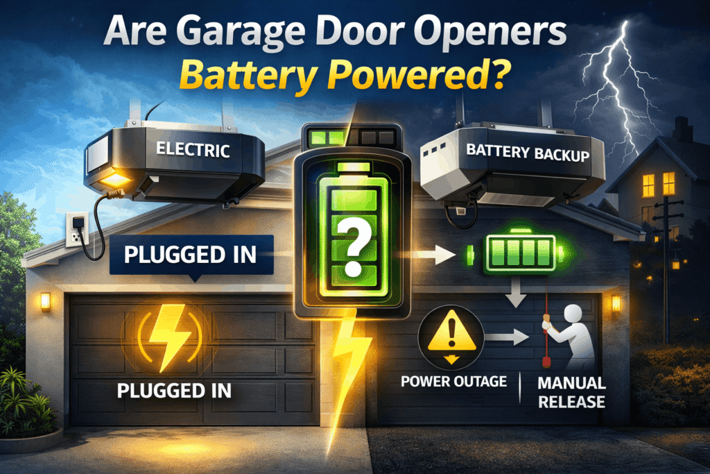 Are garage door openers battery powered – Comparison of electric and battery backup garage door openers with emergency power and manual release icons