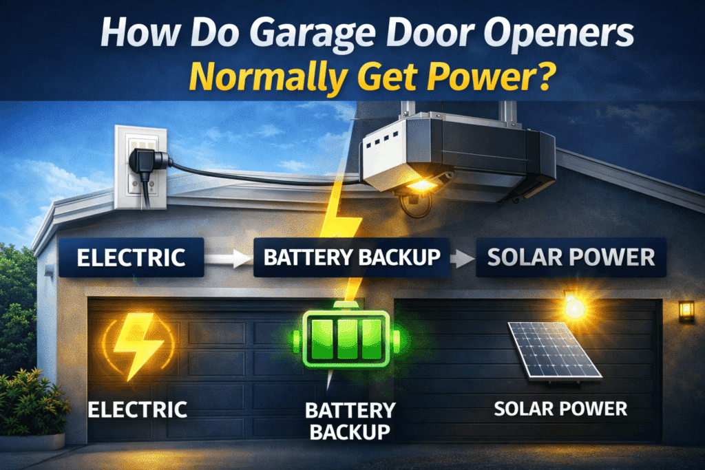 Are garage door openers battery powered – How garage door openers normally get power, showing electric, battery backup, and solar power options