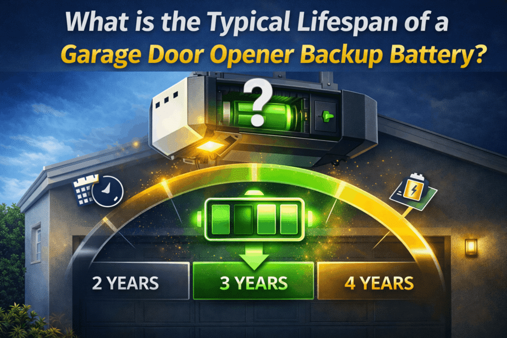 Are garage door openers battery powered – Typical lifespan of a garage door opener backup battery shown with timeline and replacement icons