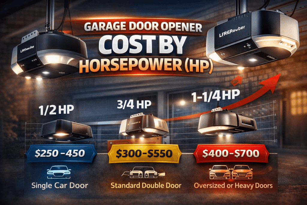 Average cost of a garage door opener by horsepower infographic showing 1/2 HP, 3/4 HP, and 1-1/4 HP pricing with recommended door types