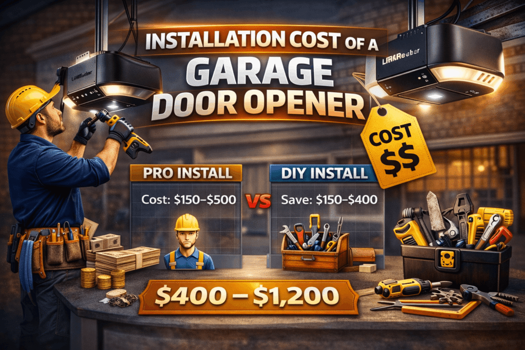 Average cost of a garage door opener installation infographic showing labor, unit cost, and total installed price with technician and tools