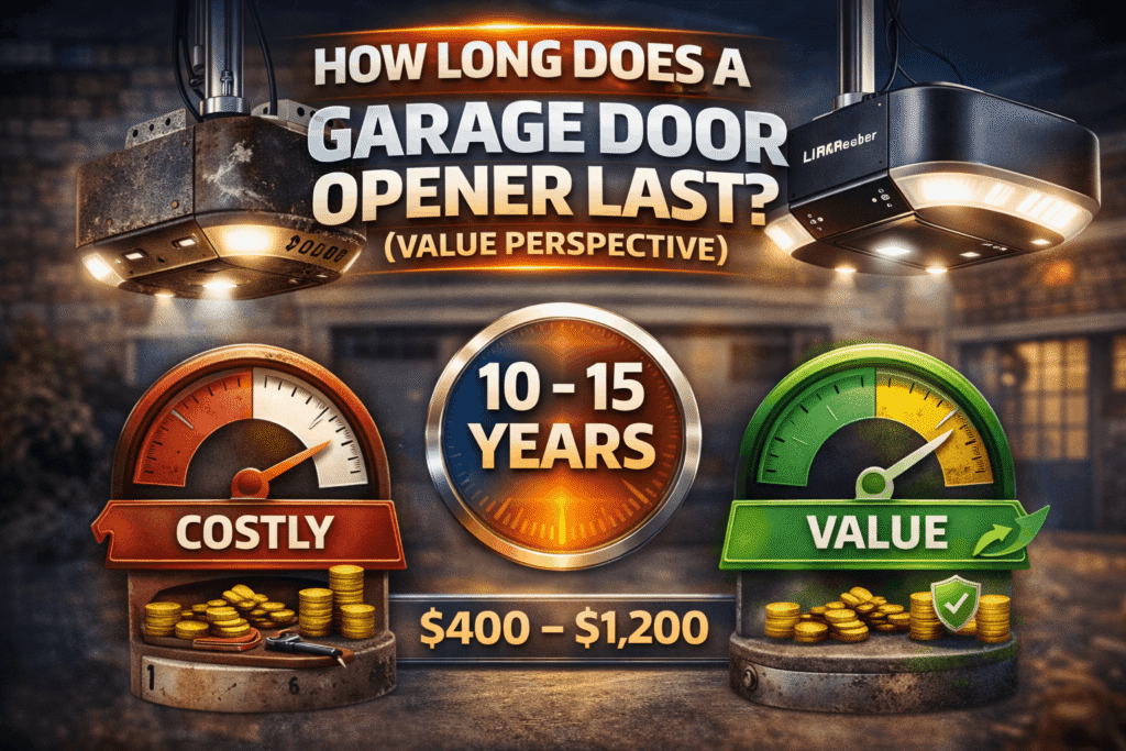 Average cost of a garage door opener lifespan infographic showing 10–15 years with maintenance and value indicators