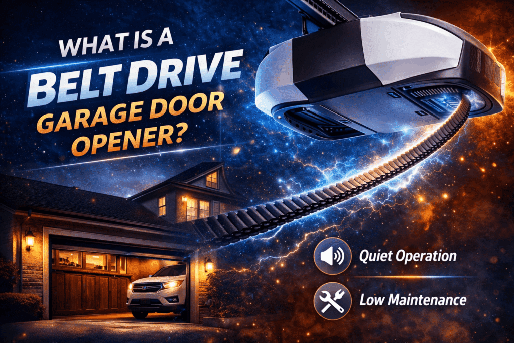 Belt drive vs chain drive garage door opener explained with modern belt drive opener showing quiet and low maintenance operation