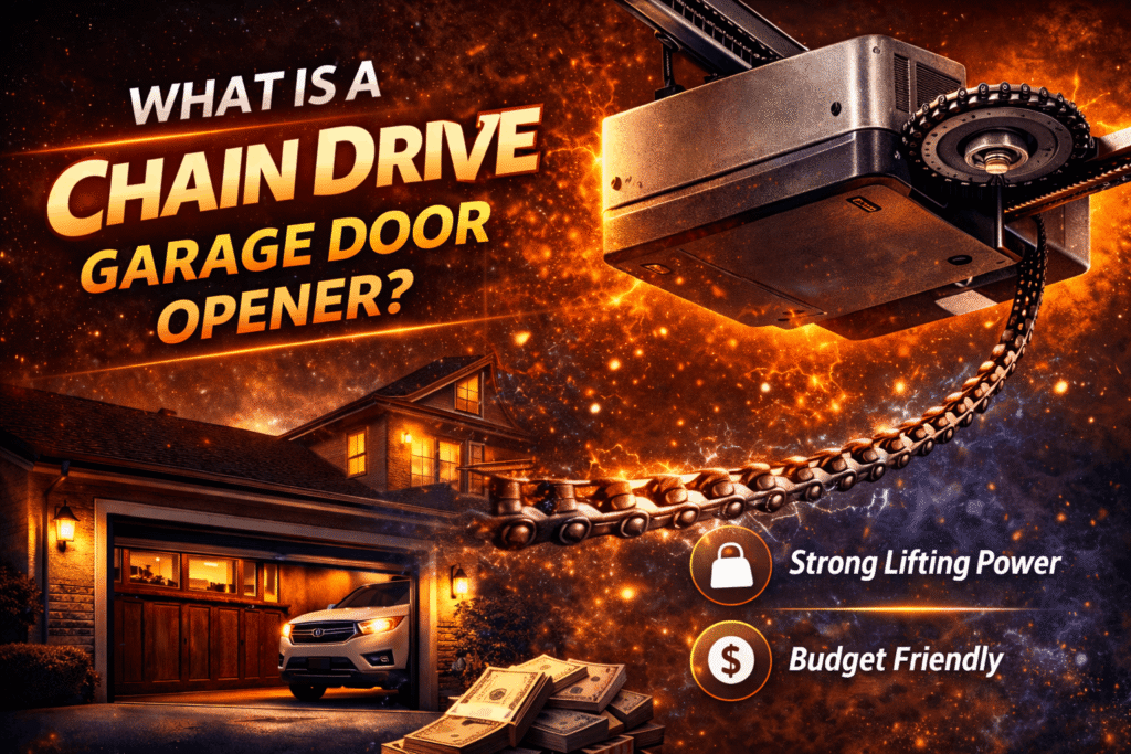 Belt drive vs chain drive garage door opener explained with modern chain drive opener showing strength and durability