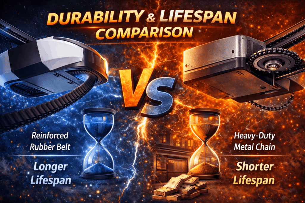Belt drive vs chain drive garage door opener durability and lifespan comparison showing strength and long-lasting performance
