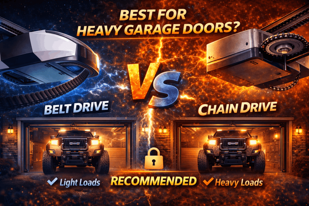 Belt drive vs chain drive garage door opener lifting heavy garage doors showing strength and performance
