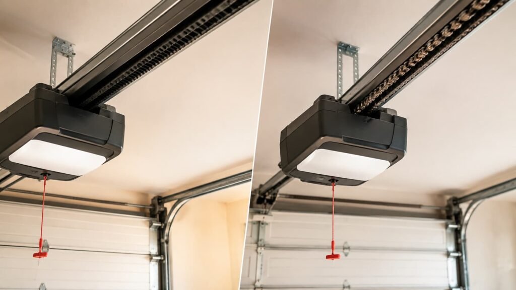 Belt drive vs chain drive garage door opener installed on ceiling showing rubber belt and metal chain mechanisms