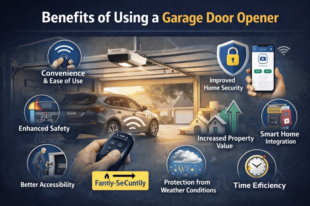 Illustration of a modern garage with a garage door opener in action, highlighting key benefits such as convenience, safety, home security, smart home integration, weather protection, accessibility, and time efficiency