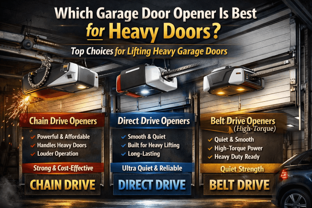 Comparison of the best garage door openers for heavy doors including Chain Drive, Direct Drive, and High-Torque Belt Drive models with key features like strength, quiet operation, and durability.