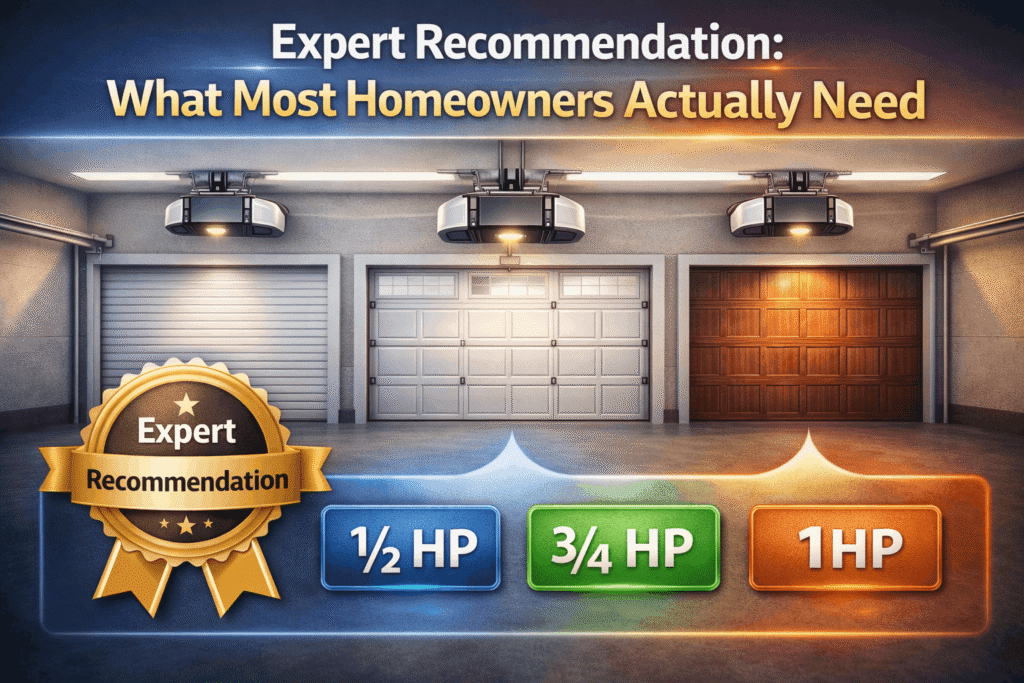 Expert recommendation on what most homeowners need for garage door openers showing 1/2 HP, 3/4 HP, and 1 HP options