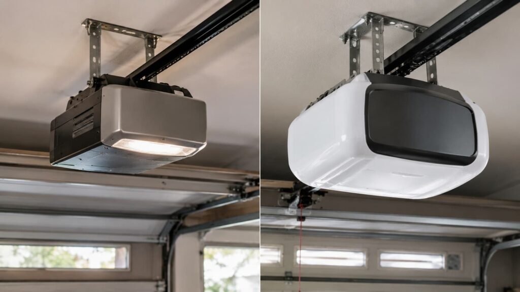 Split image of garage door opener showing older AC motor unit and modern DC motor unit installed on ceiling