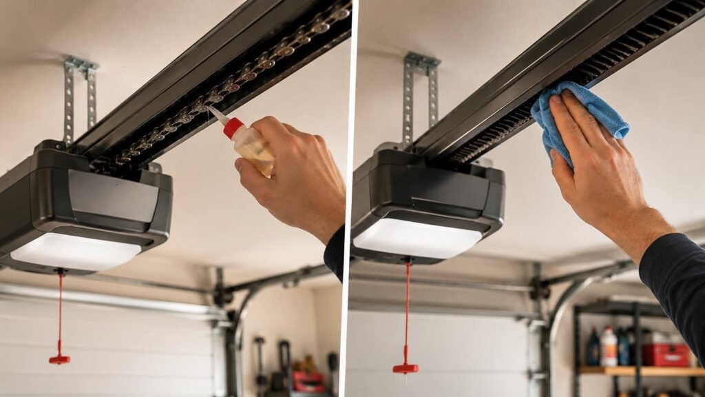 Chain drive garage door opener being lubricated and belt drive rail being cleaned side by side