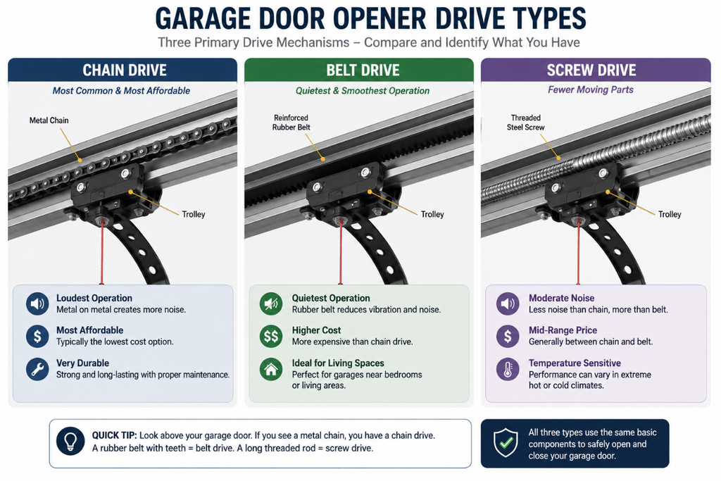Side-by-side comparison of chain-drive, belt-drive, and screw-drive garage door opener rails showing how to identify each drive mechanism.