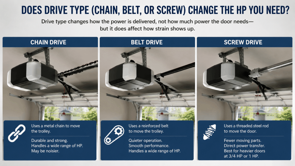 Garage door opener drive types comparison showing chain, belt, and screw drive systems