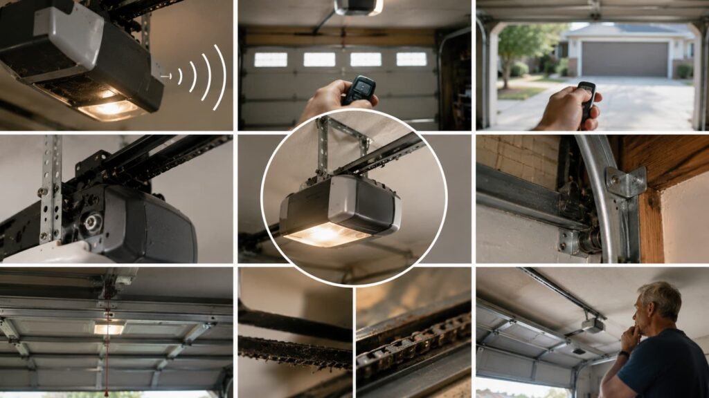Collage showing garage door opener problems including worn chain, remote issues, slow movement and aging motor