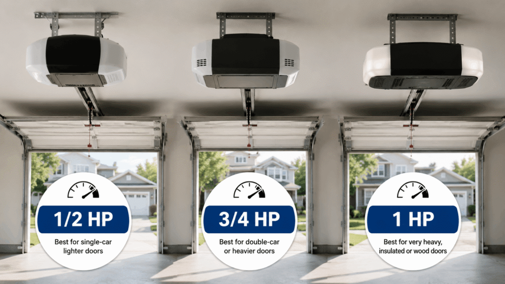 Garage door opener horsepower comparison showing 1/2 HP vs 3/4 HP vs 1 HP systems for different door sizes