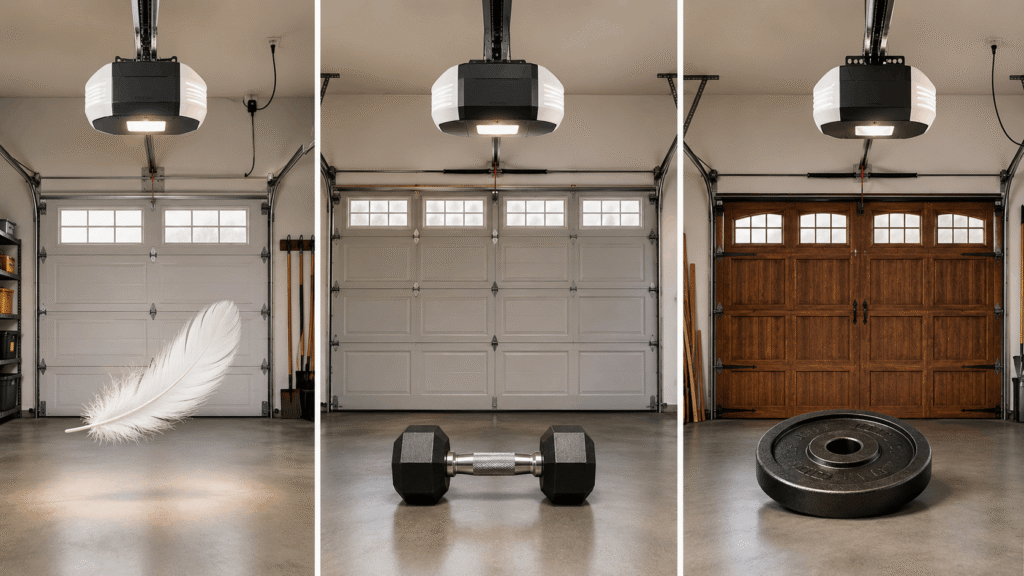 Three garage doors showing opener power differences with light, medium, and heavy weight symbols representing 1/2 HP, 3/4 HP, and 1 1/4 HP usage.
