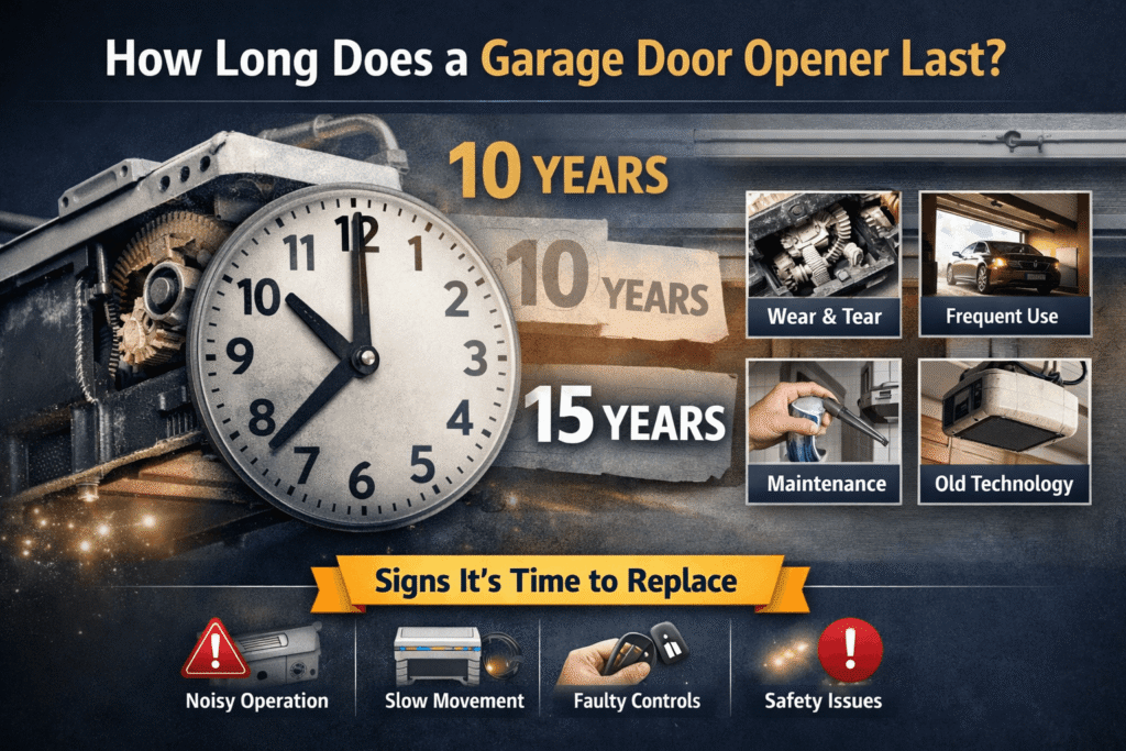Illustration showing how long a garage door opener lasts with a timeline of 10-15 years, including factors like wear, frequent use, maintenance, and old technology, and warning signs for replacement such as noisy operation, slow movement, faulty controls, and safety issues.
