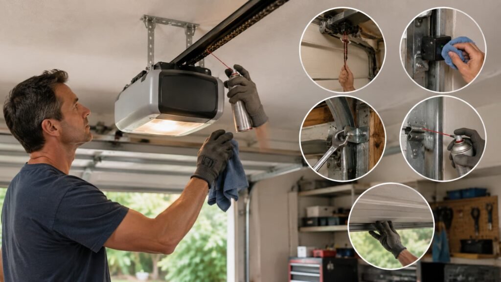 Person lubricating garage door opener rail and checking components to extend lifespan