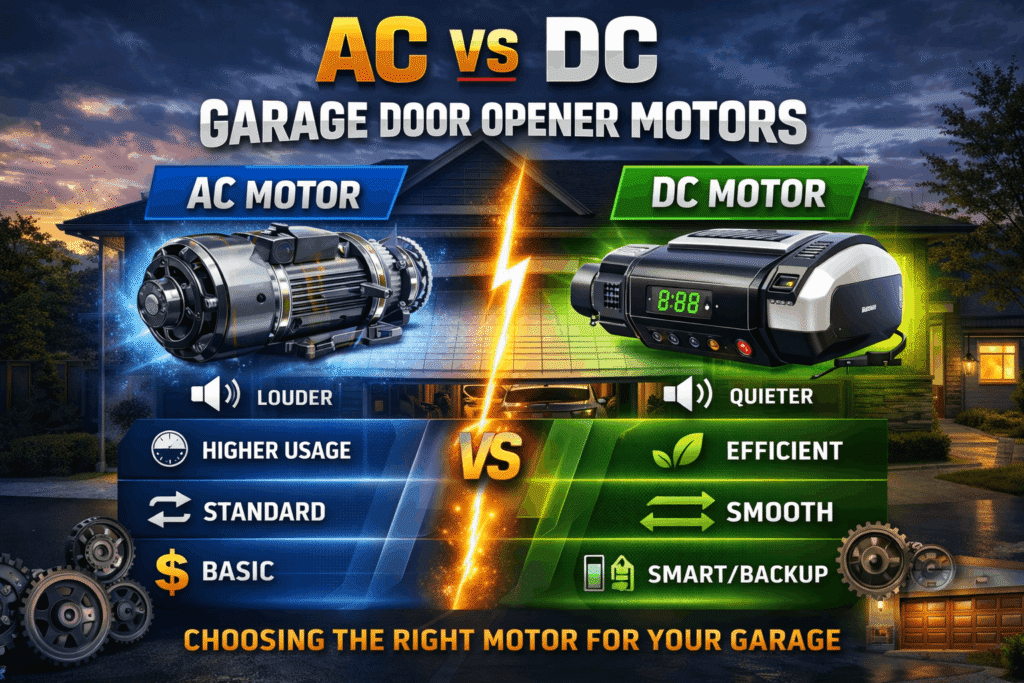 Garage door opener motor types comparison showing AC vs DC motors with noise, efficiency, smoothness, cost, and smart feature differences in a professional infographic