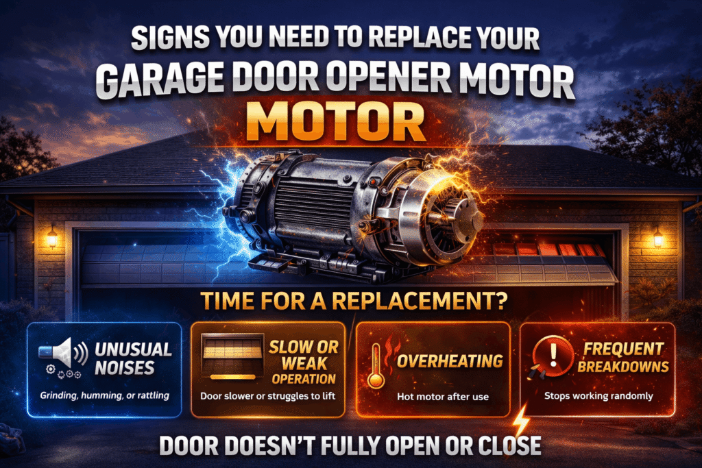 Garage door opener motor types signs you need to replace your motor, showing unusual noises, slow operation, overheating, frequent breakdowns, and door not fully opening or closing in a professional infographic