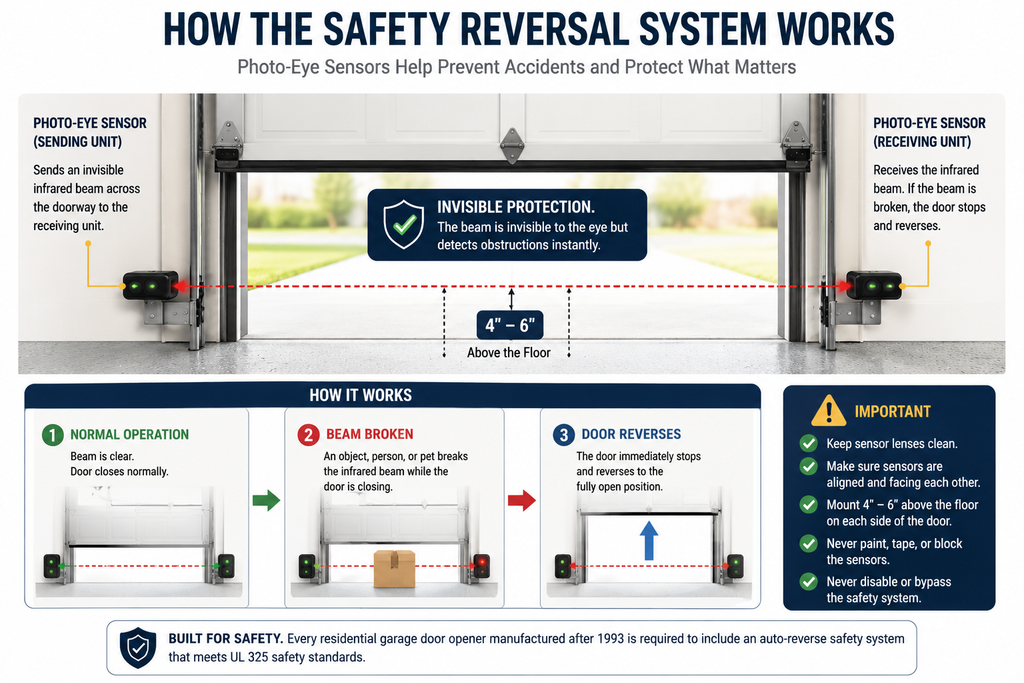 Diagram showing garage door photo-eye safety sensors 4 to 6 inches above the floor and how a broken infrared beam causes the door to reverse.