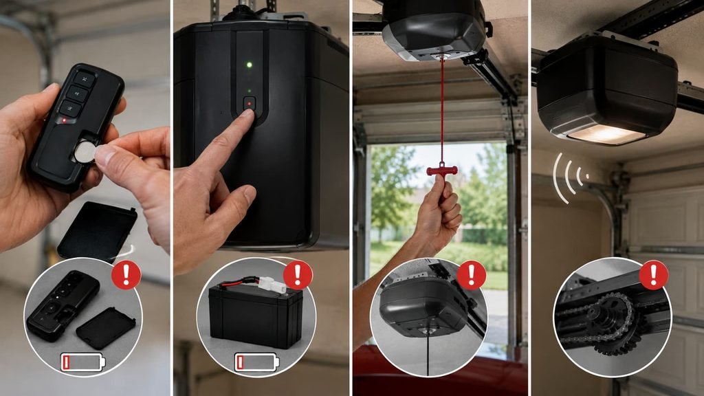 Four panel image showing garage door remote battery replacement, backup battery unit, manual release cord, and garage door opener motor