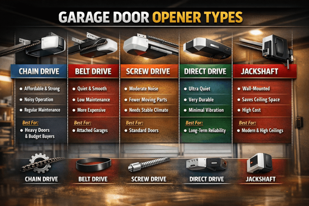 Types of Garage Door Openers Comparison showing Chain Drive, Belt Drive, Screw Drive, Direct Drive, and Jackshaft with key features, noise levels, maintenance requirements, costs, and best use cases for homeowners
