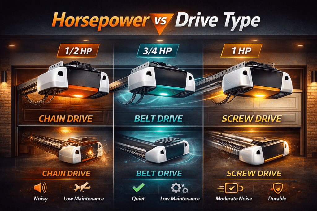 Horsepower vs Drive Type – Compare Chain, Belt, and Screw drive garage door openers with ideal horsepower, noise levels, smoothness, and maintenance