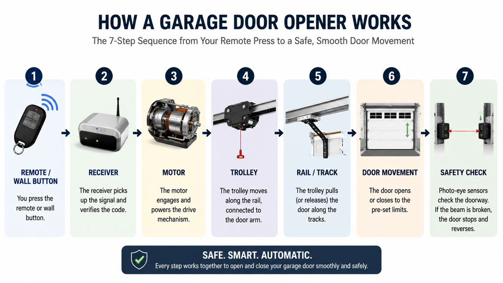 7-step diagram showing how a garage door opener works from the remote signal to the receiver, motor, trolley, rail, door movement, and safety sensor check.