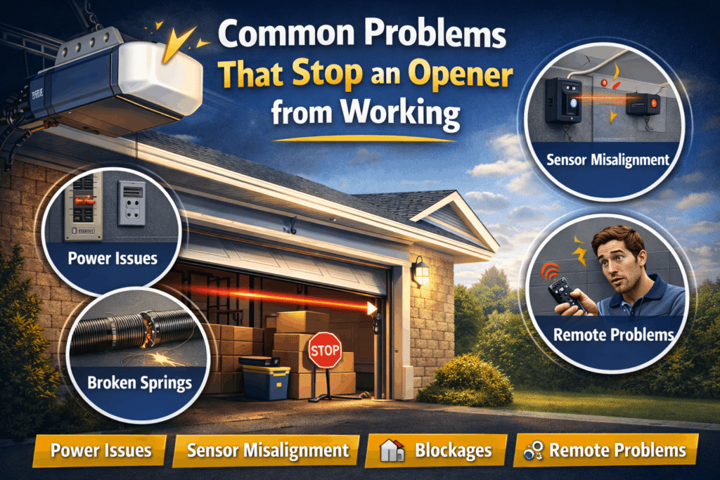 Infographic showing common problems that stop a garage door opener from working, including sensor misalignment, broken springs, remote issues, and power problems, explaining How Does a Garage Door Opener Work.