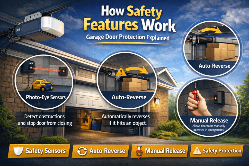 Infographic showing how does a garage door opener work safety features including photo-eye sensors, auto-reverse, and manual release in a modern garage.