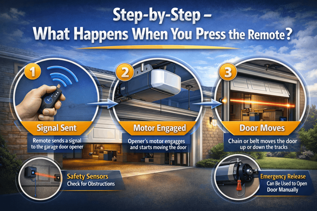 Step-by-step infographic showing how does a garage door opener work when the remote is pressed, including signal sent, motor engaged, door moves, safety sensors, and emergency release.