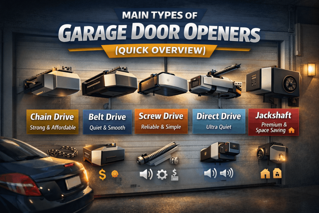 Types of garage door openers comparison infographic showing Chain Drive, Belt Drive, Screw Drive, Direct Drive, and Jackshaft openers with icons for noise, durability, and cost.