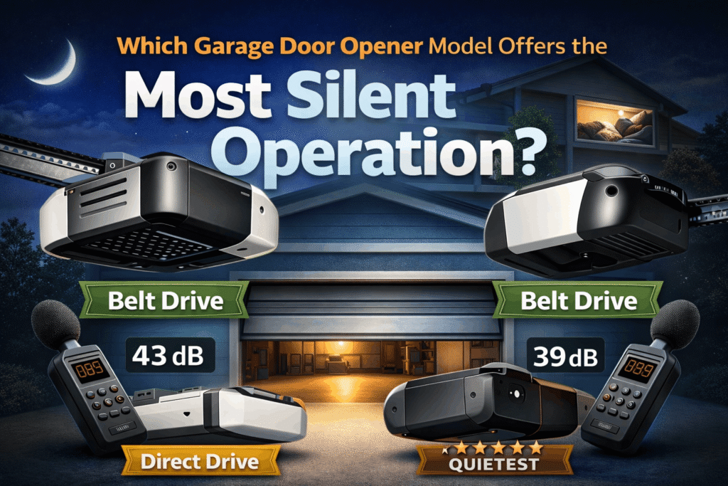 Professional infographic showing the quietest garage door opener models including belt drive and direct drive in a modern home garage, highlighting their low noise levels for silent operation 2026 guide