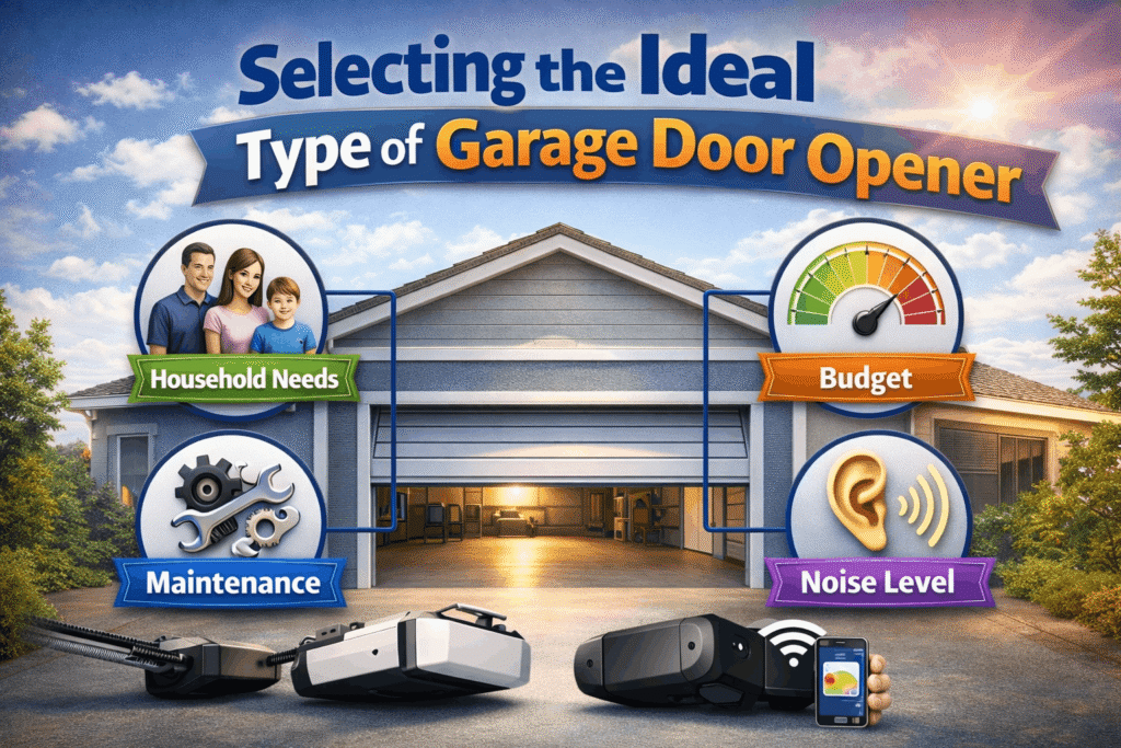 Professional infographic showing how to select the ideal type of garage door opener with factors like household needs, budget, maintenance, and noise level, including chain drive, belt drive, direct drive, jackshaft, and smart opener options in a modern garage
