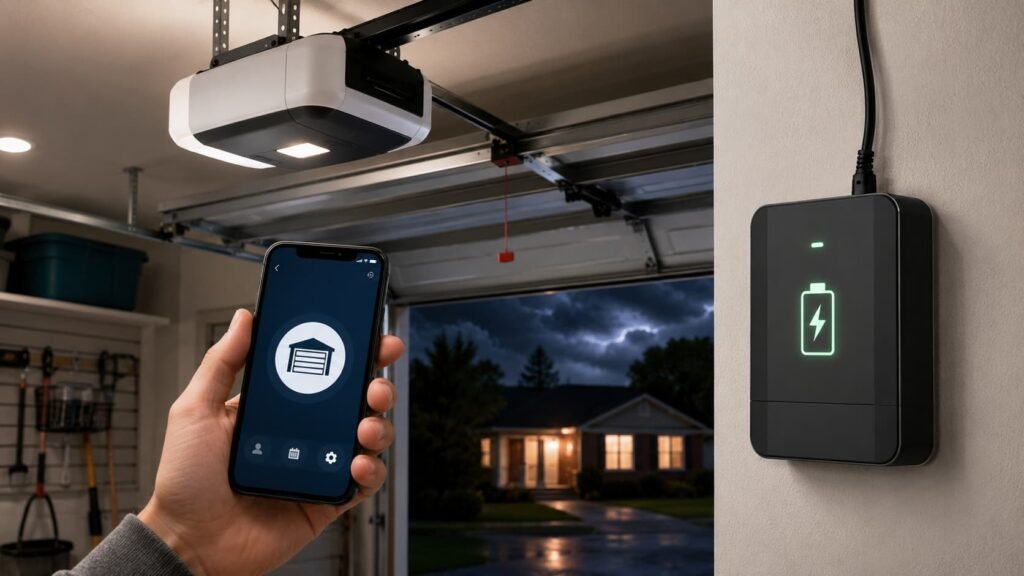 Smart garage door opener controlled by smartphone with battery backup during power outage