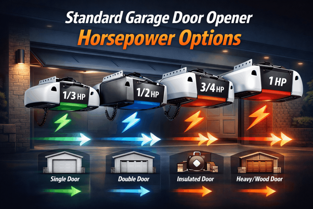 Standard Garage Door Opener Horsepower Options – Compare 1/3 HP, 1/2 HP, 3/4 HP, and 1 HP motors for single, double, insulated, and heavy wooden doors