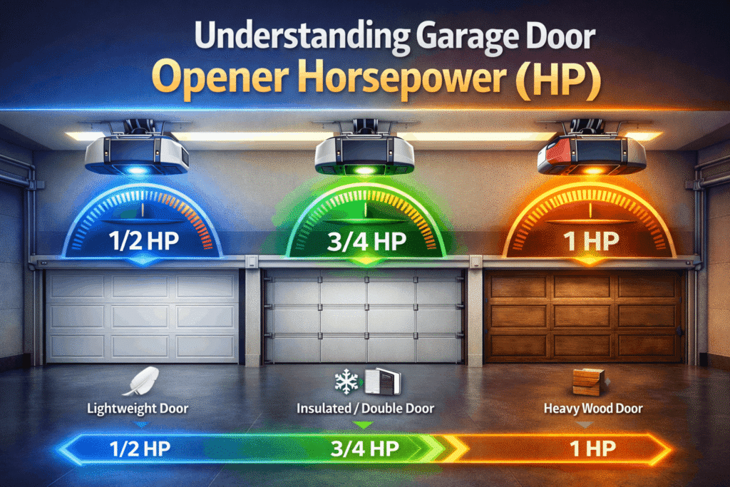 Understanding Garage Door Opener Horsepower (HP) infographic showing 1/2 HP, 3/4 HP, and 1 HP openers for lightweight, insulated, and heavy wood garage doors