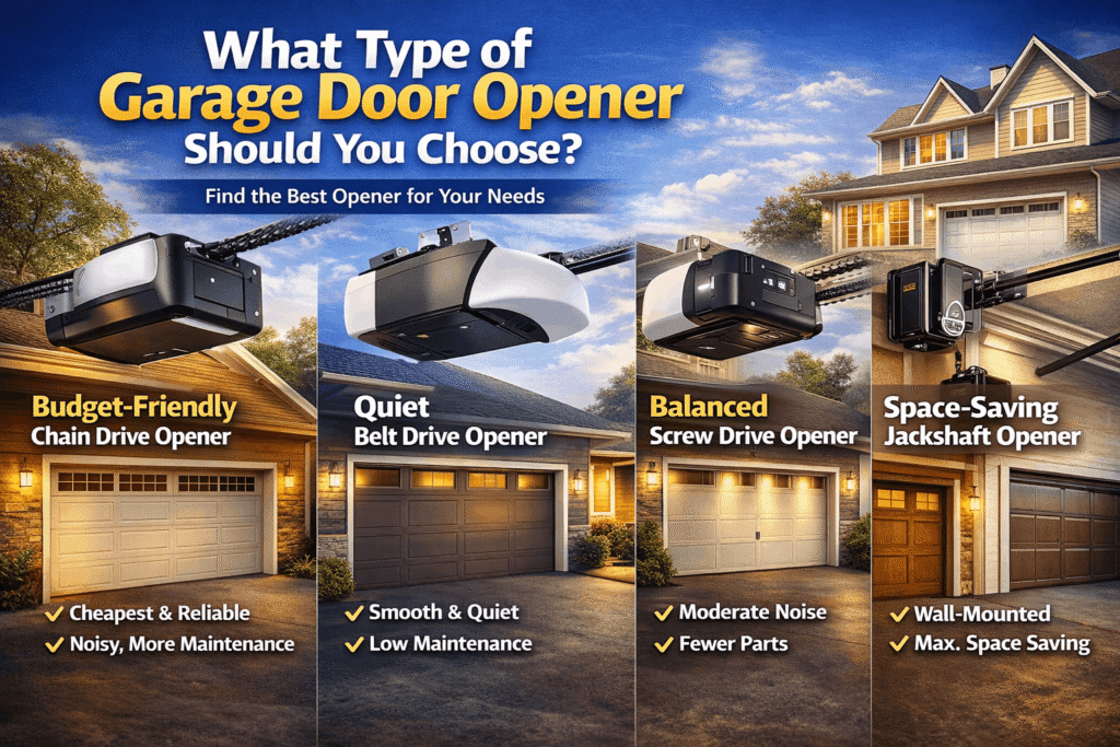 Comparison of different garage door openers including Chain Drive, Belt Drive, Screw Drive, Direct Drive, and Jackshaft with key features and best uses for homeowners.