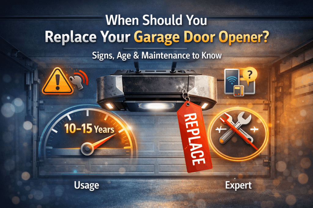 When should you replace your garage door opener illustration showing age, warning signs, and replacement advice