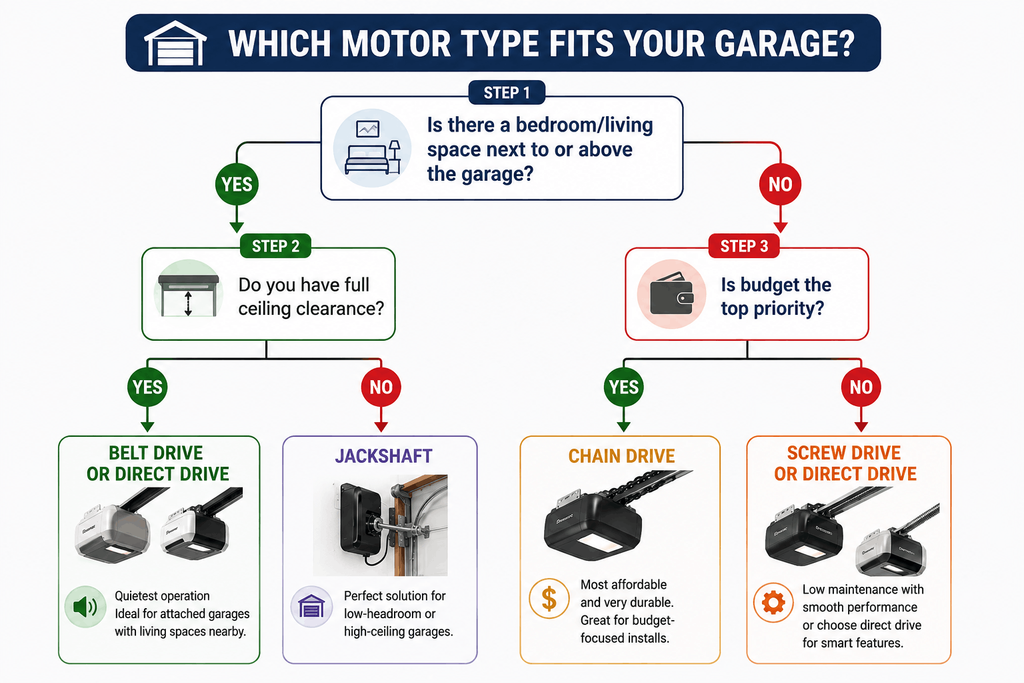 Garage door opener motor type decision flowchart for choosing the right drive
