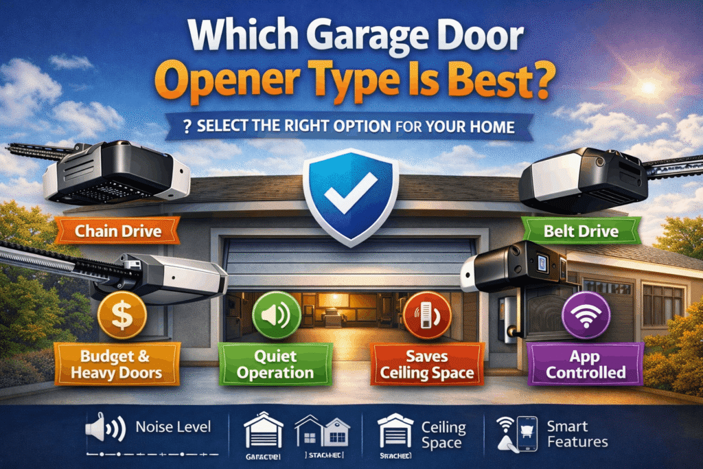 Professional infographic showing which garage door opener type is best, comparing chain drive, belt drive, screw drive, direct drive, jackshaft, and smart openers with features like noise level, ceiling space, and smart app control in a modern garage