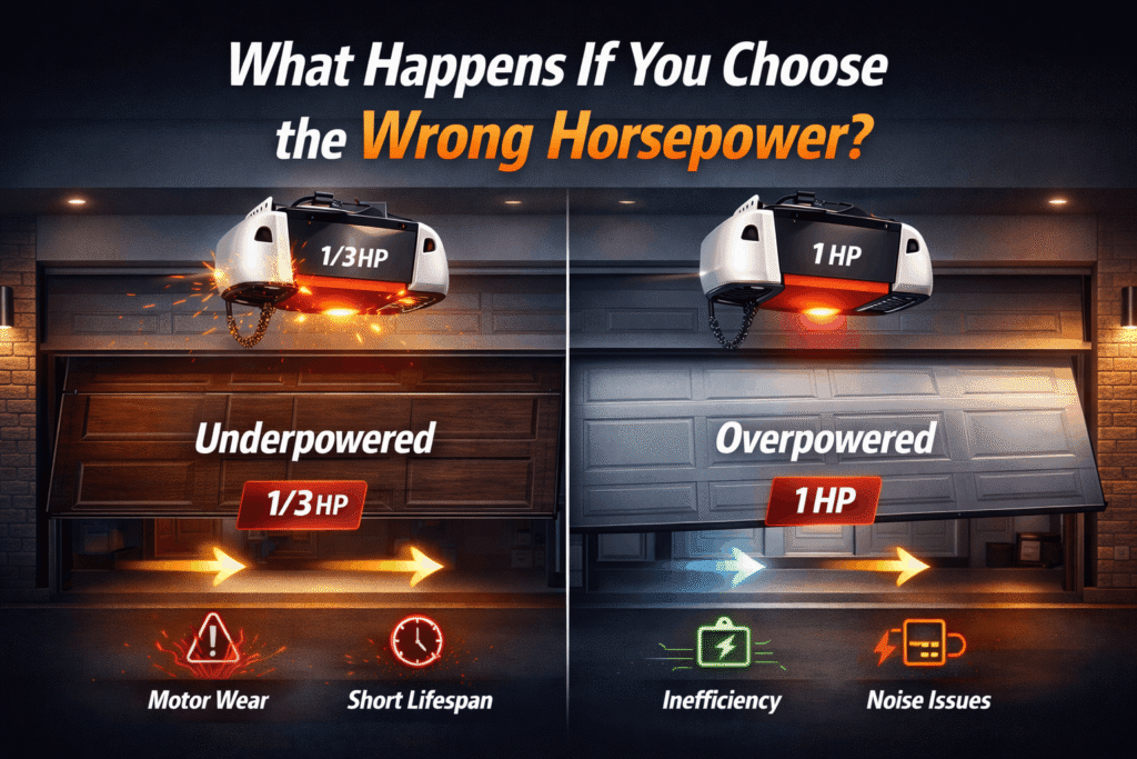 What Happens If You Choose the Wrong Horsepower – Compare underpowered (1/3 HP) and overpowered (1 HP) garage door openers, showing motor wear, inefficiency, noise issues, and shortened lifespan