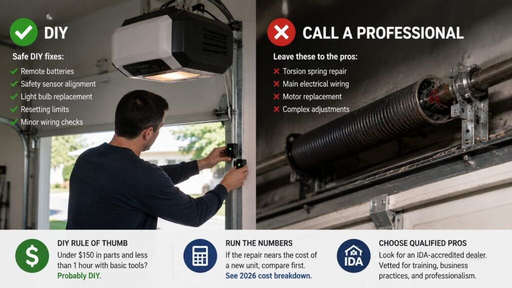Infographic showing common garage door opener mistakes like forcing door, resetting breaker, disabling sensors, and improper lubrication