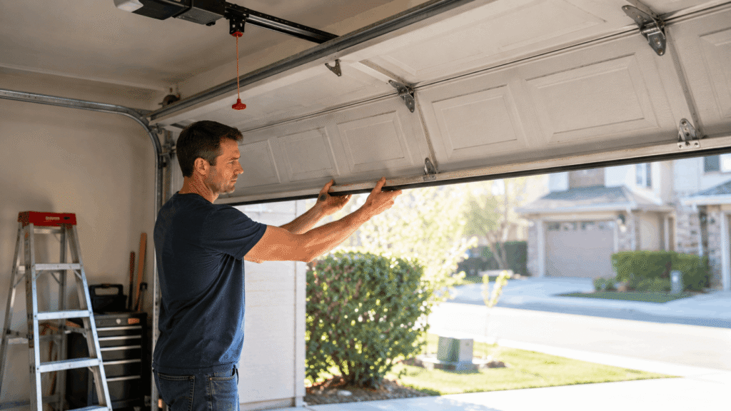 Man lifting garage door manually using release cord to check if opener or door is the problem