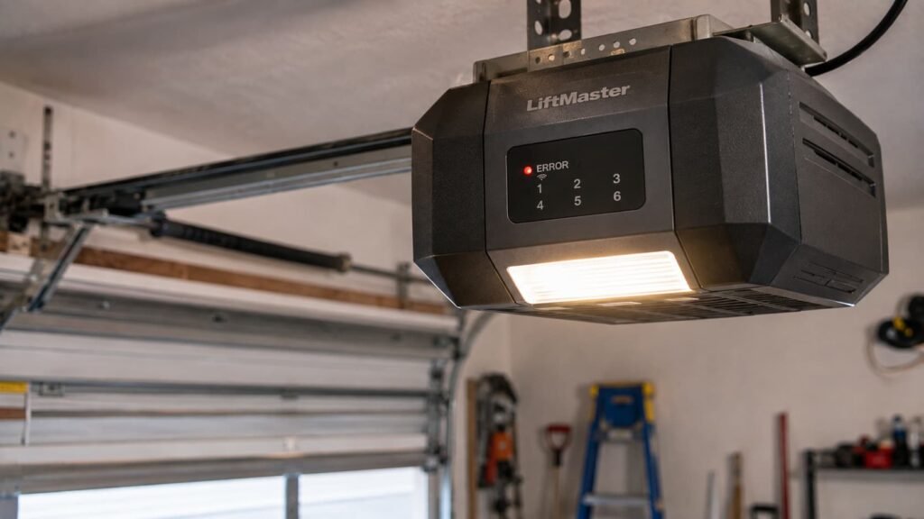 Garage door opener with blinking indicator light showing error code on motor unit